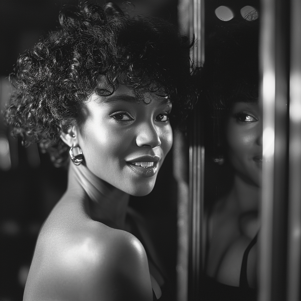 Happy young woman in the mirror