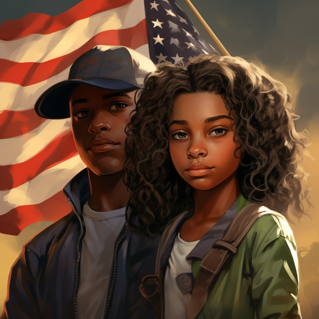 Black American Younger Boy and Girl with Flag Cartoon