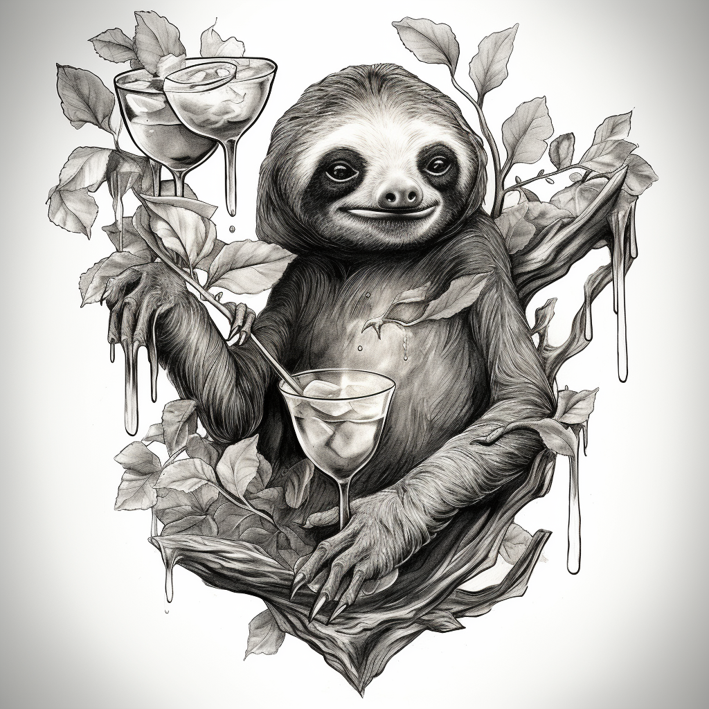 Realistic sloth hanging in tree with martini