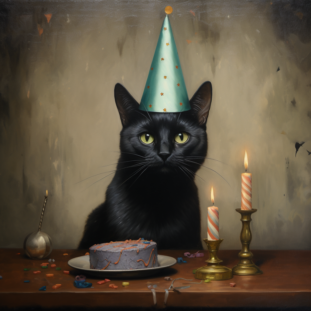 Adorable black cat with party hat and cake