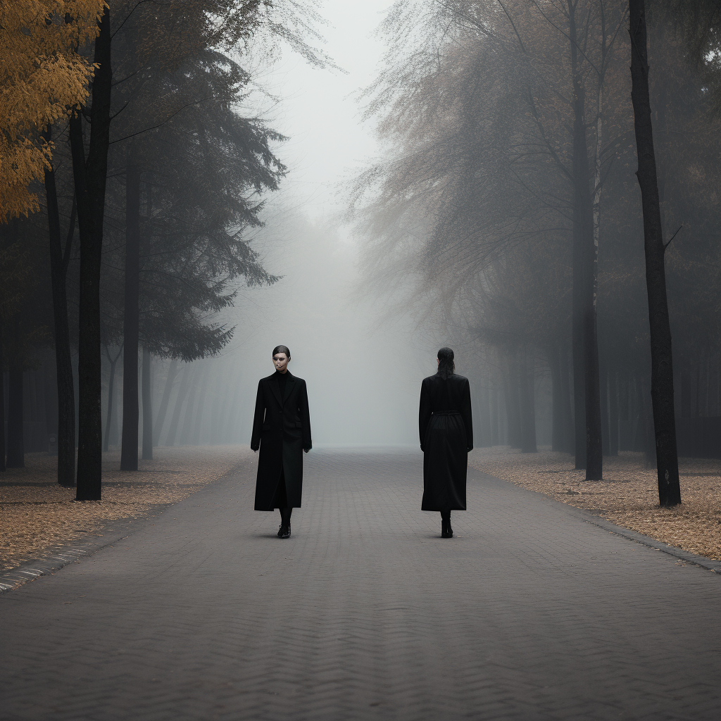 Two people in black clothes walking