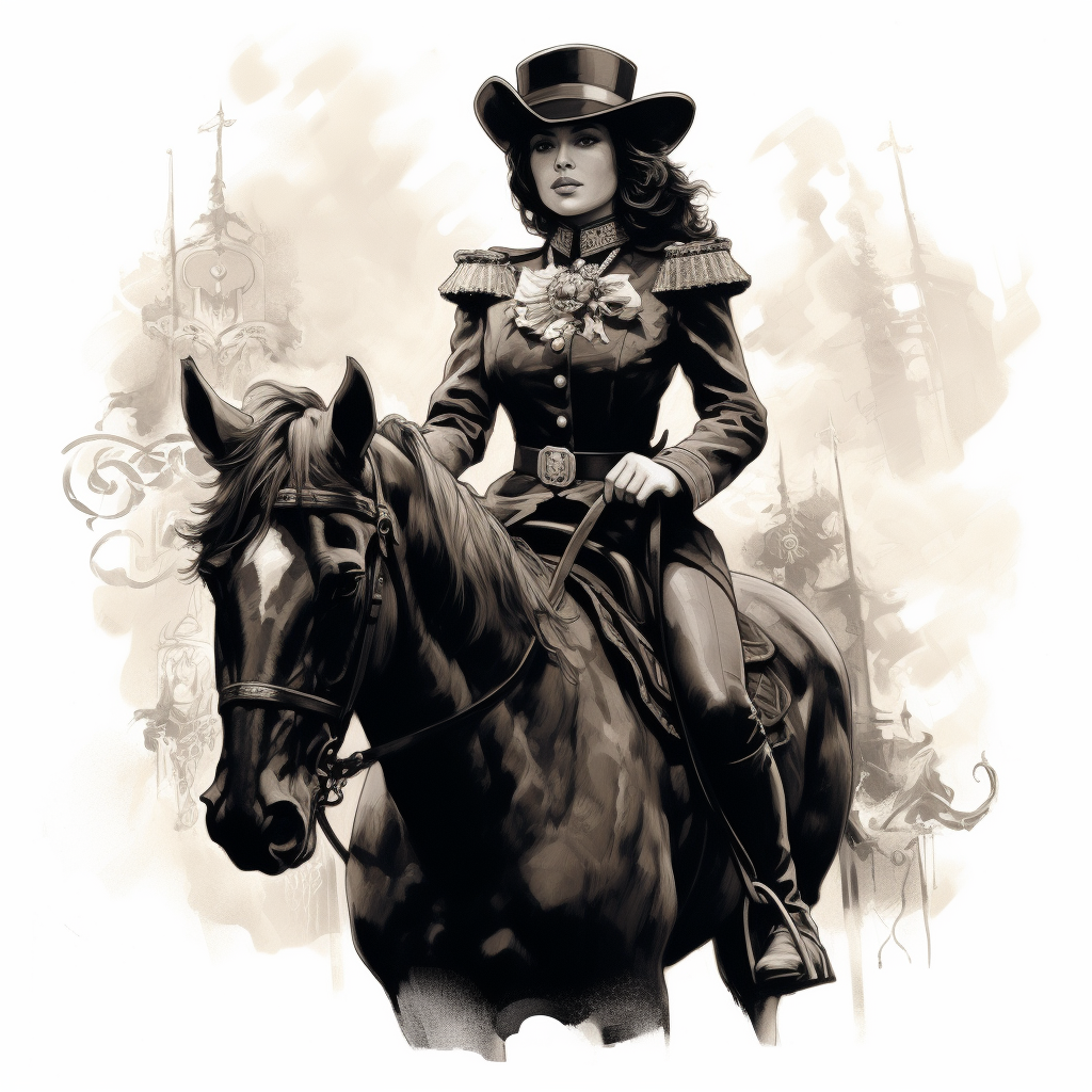 Woman riding a horse in black colonel uniform