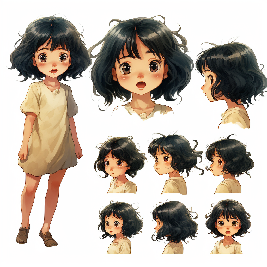 Character sheet of a beautiful girl with black curly hair and brown eyes