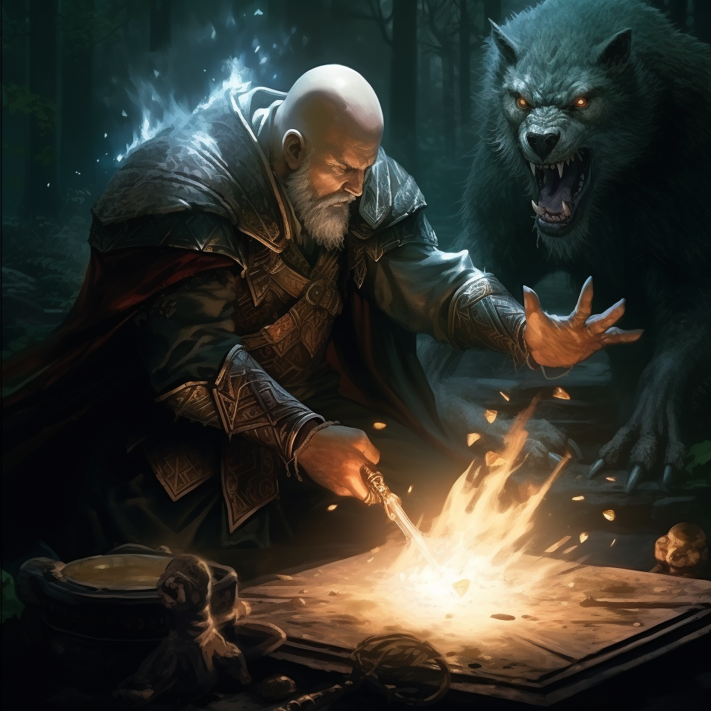 Bearded mage casting magic missile at werewolf