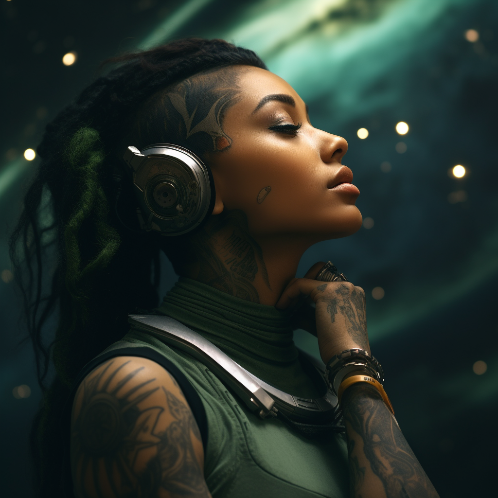 Black female space adventurer with tattoos and green eyes