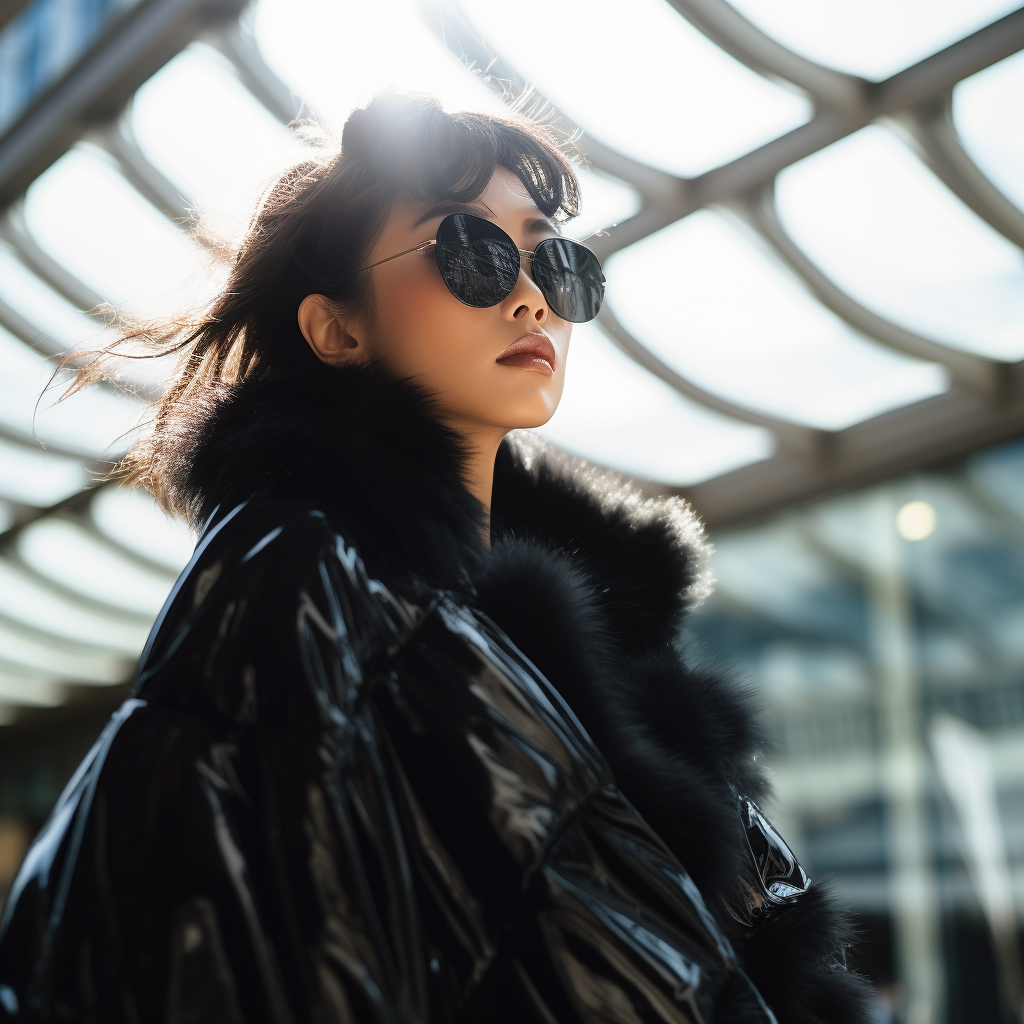 Asian woman in black fur robe