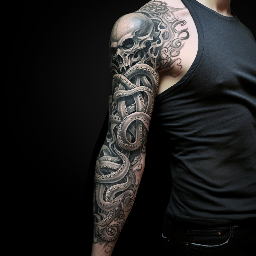 Black and grey octopus arm tattoo