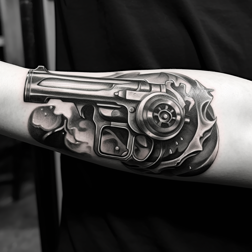 Revolver tattoo in black and grey