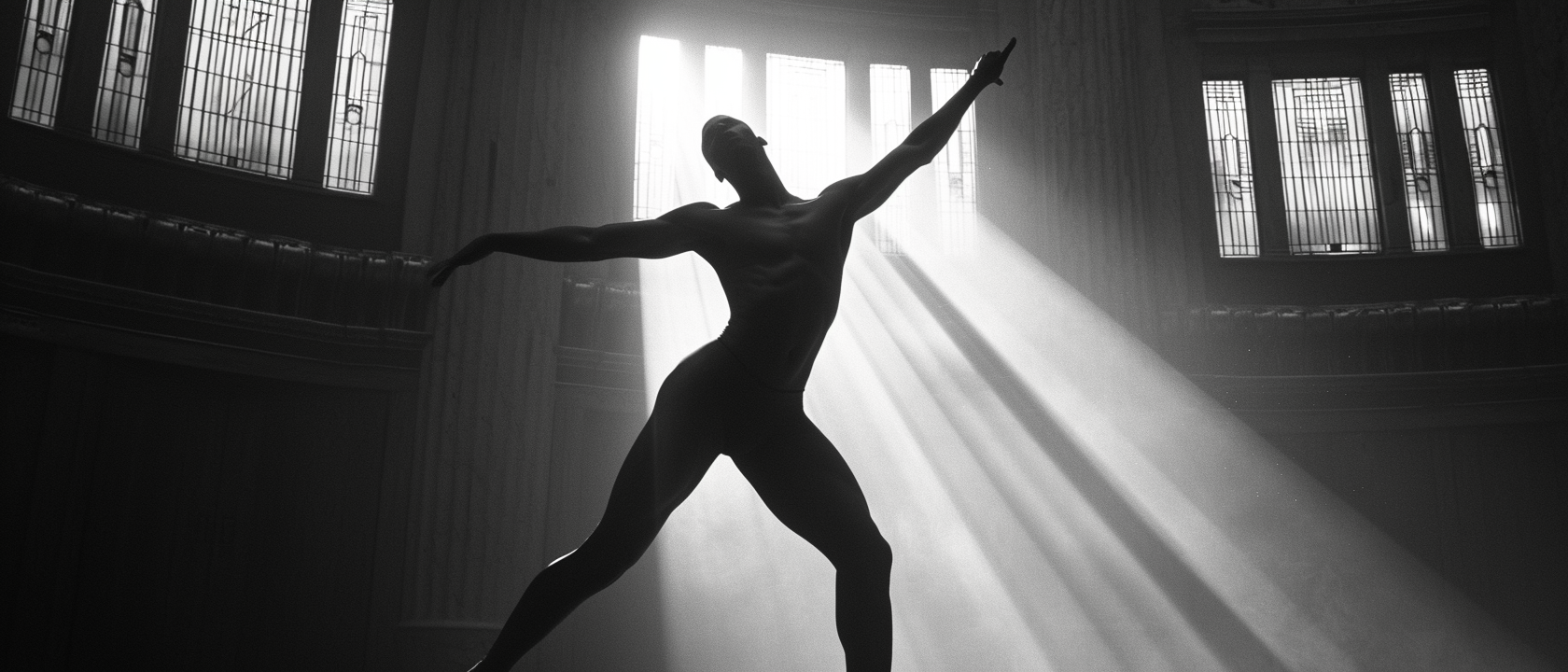 Black male ballet dancer in large hall