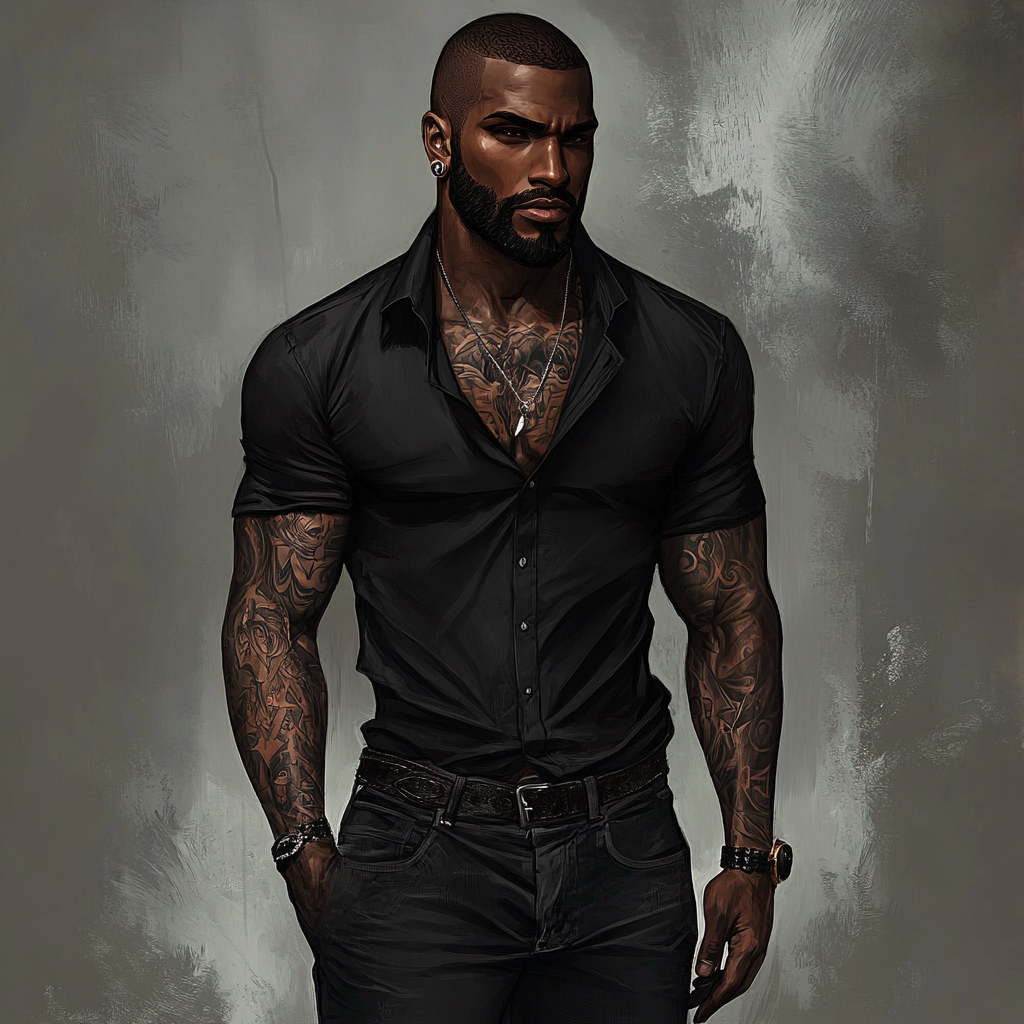 Dark-skinned man with tattoos