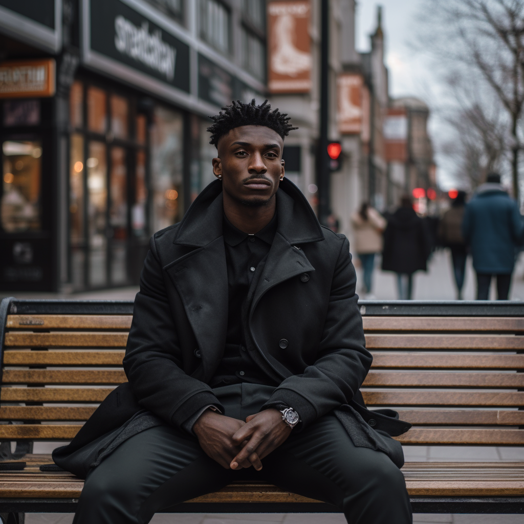 Black man enjoying city view from park bench