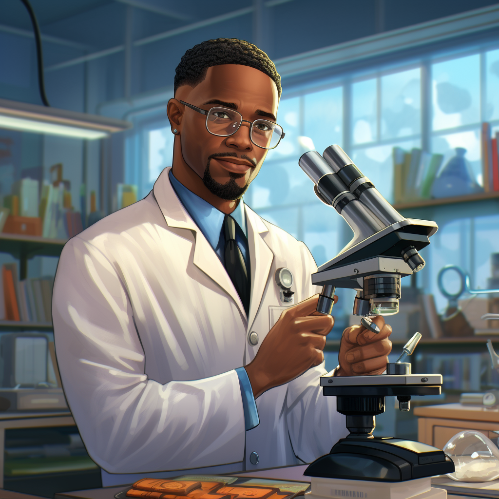 Black professor in white lab coat holding microscope