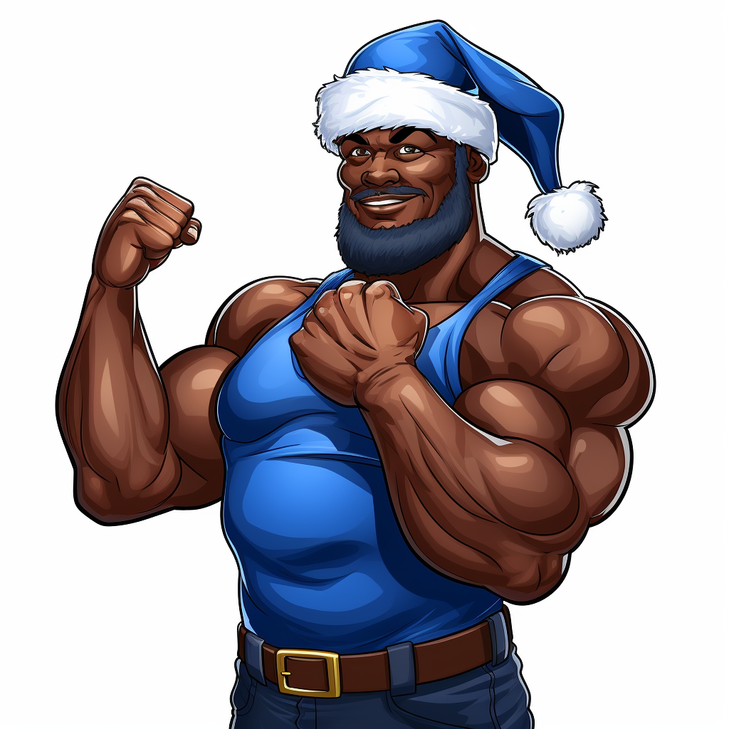 Muscular black Santa in royal blue attire