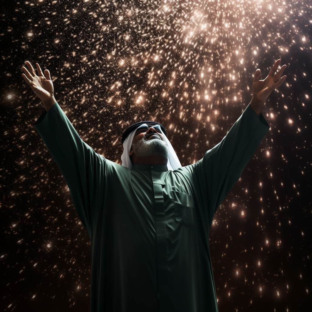 Kuwaiti man raising hand in black sparks background