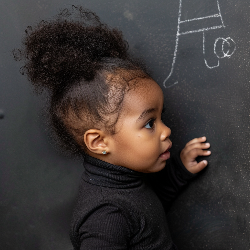 Little black toddler at chalkboard