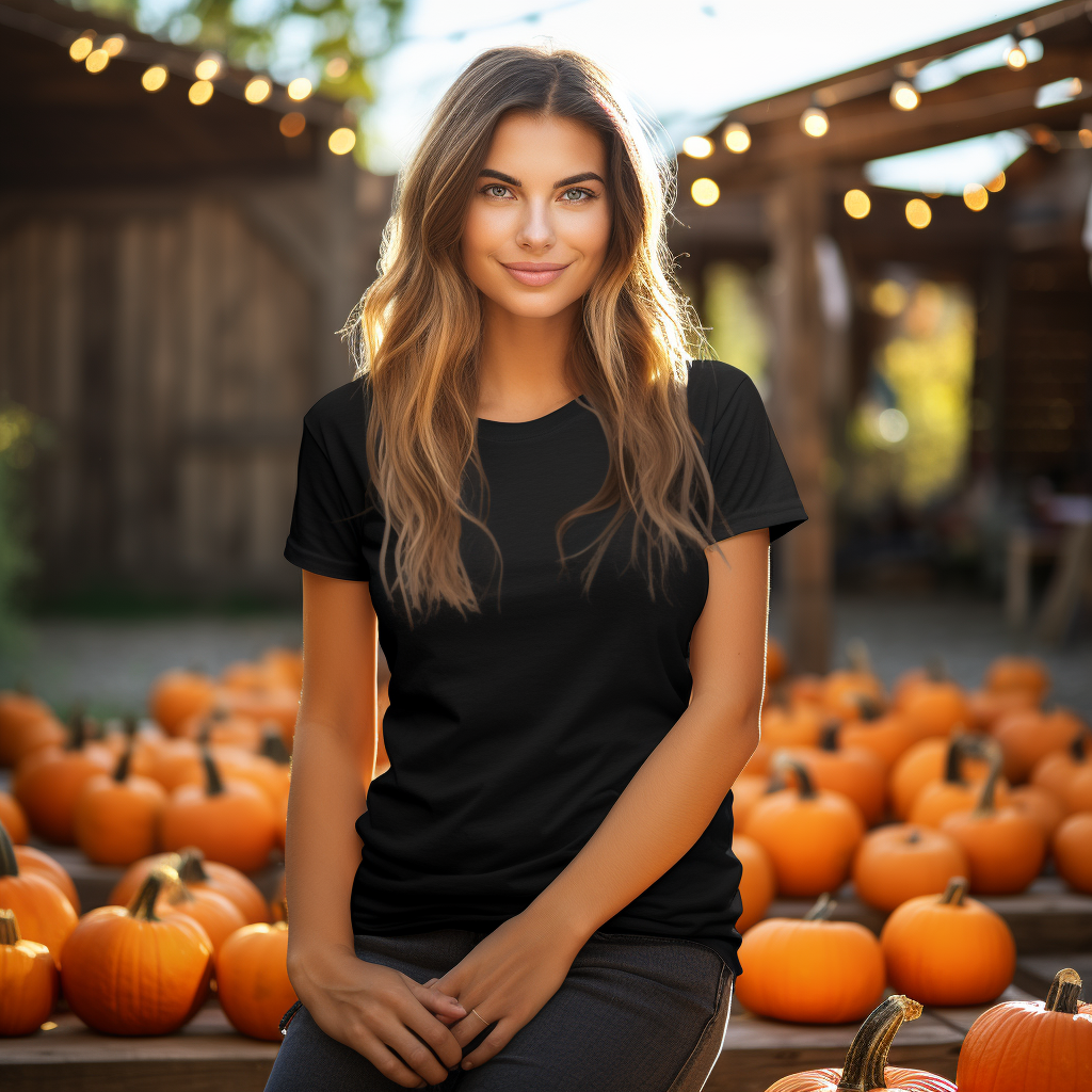 Woman wearing black Unisex Softstyle T-Shirt mockup