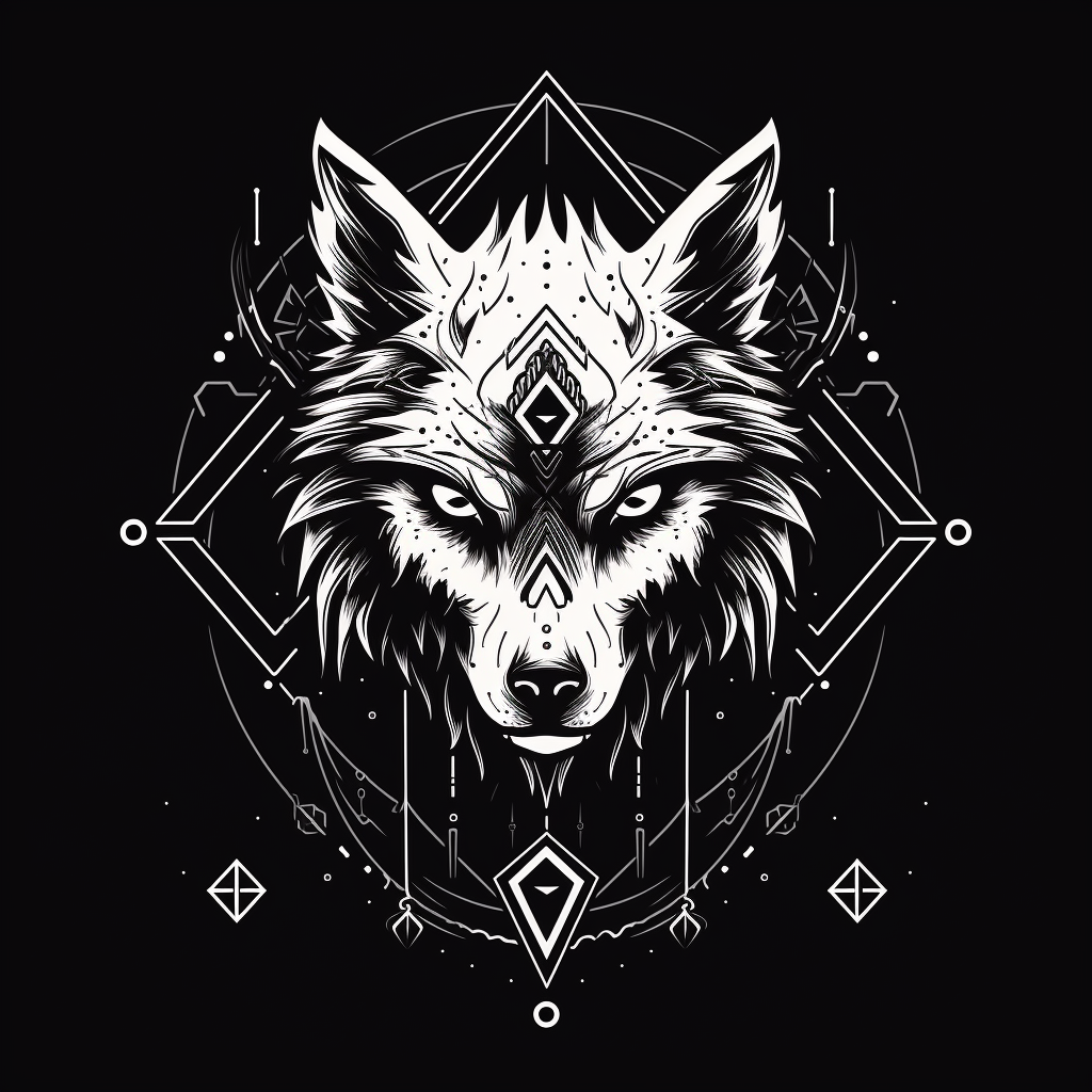 Black and white angry skull with wolf and circles