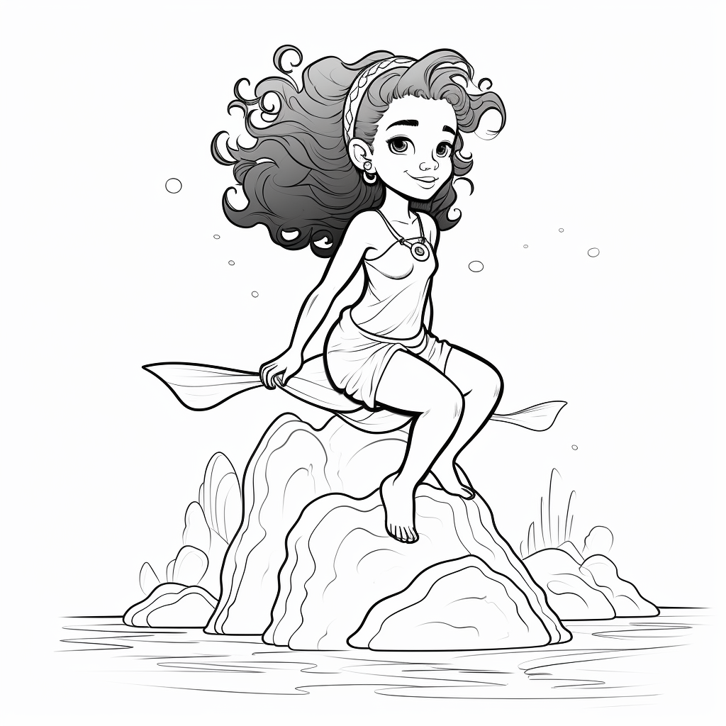 Simple cartoon girl mermaid on rock in ocean