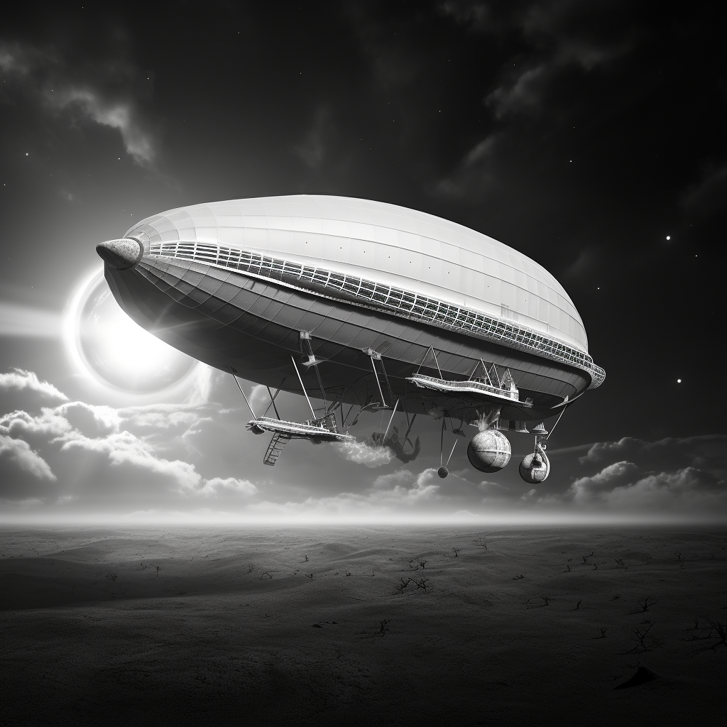 Hyper Realistic Black and White Chroma Floating Blimp in Space