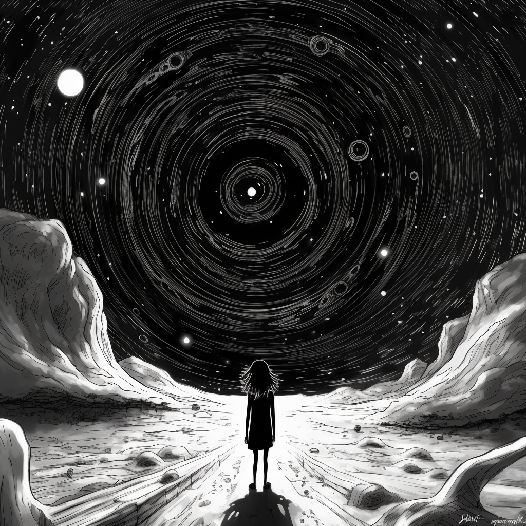 Black and white doodle standing, gazing at cosmic planet