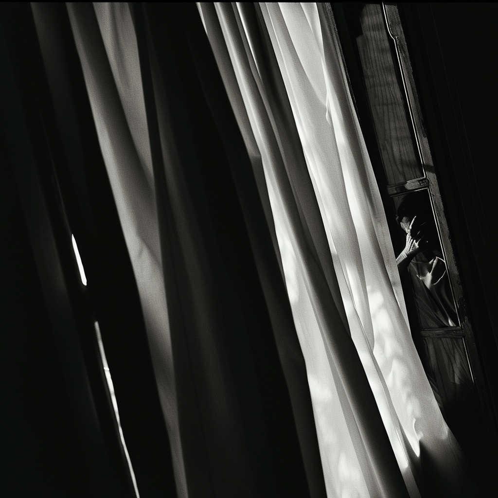 Person hiding behind curtain in film noir scene