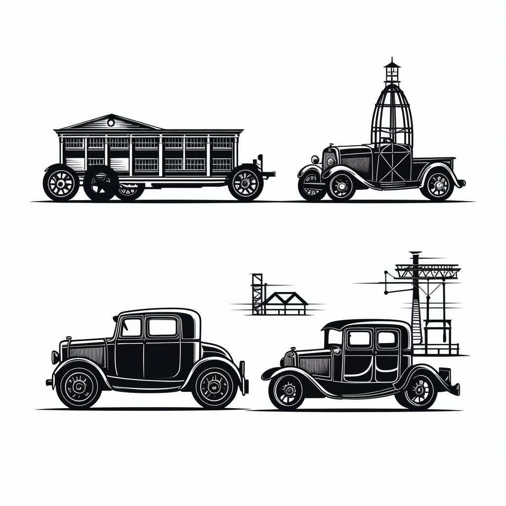 Black and white icons of new vehicle manufacture, old vehicles requiring parts, and old vehicles requiring service