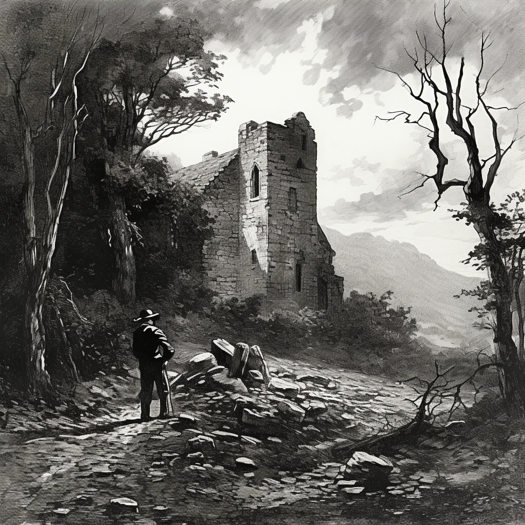 Scottish man looking at ruined house and trees