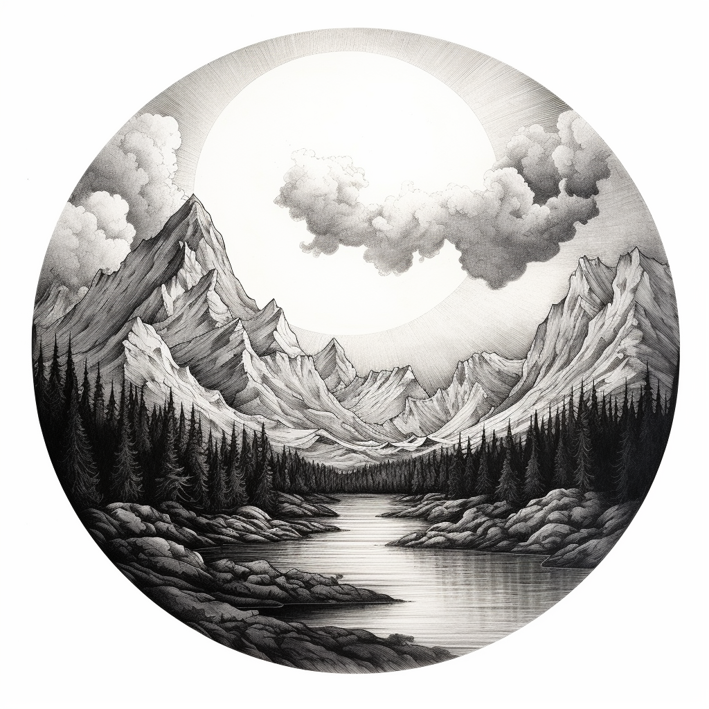 Beautiful black and white ink painting of mountains and sunrise