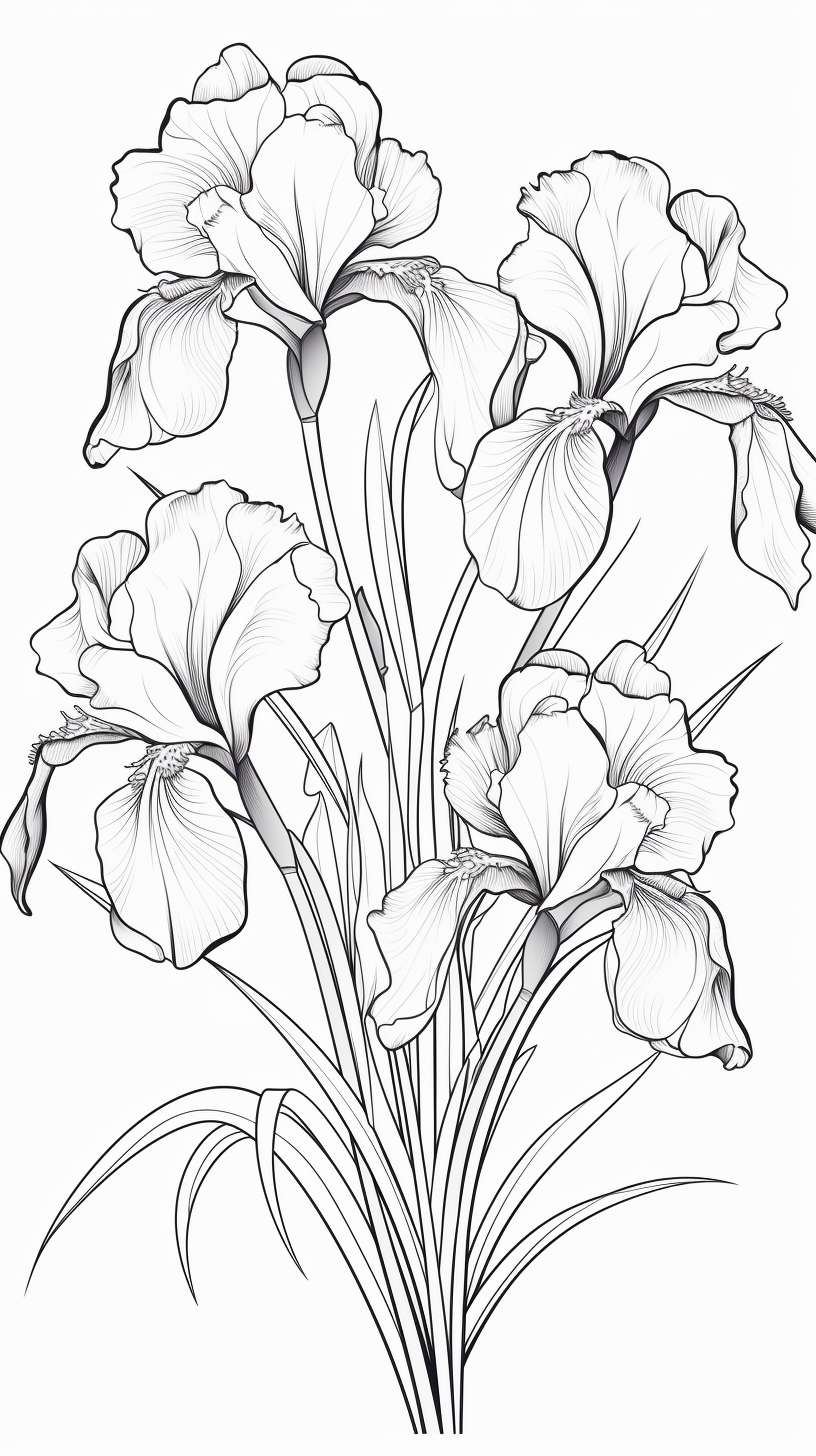 Detailed black and white line art of iris flowers