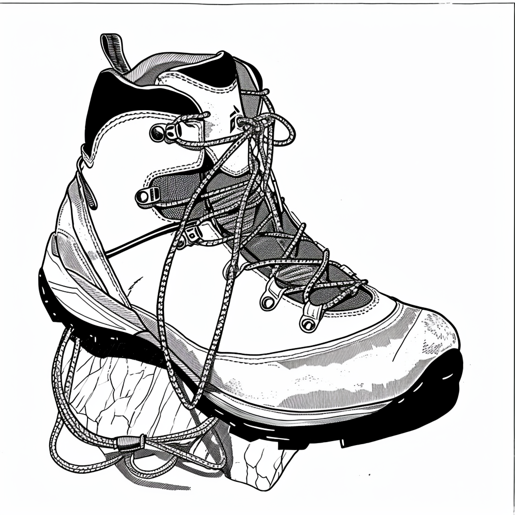 Descriptive ALT text:  Black and white line art of rock climbing shoe