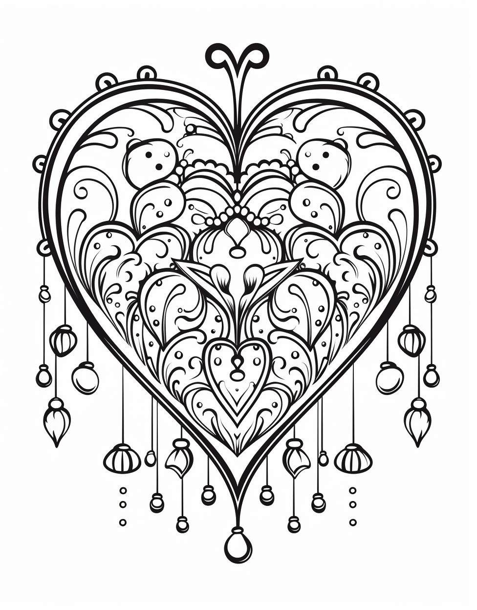 Black and white mandala with falling hearts