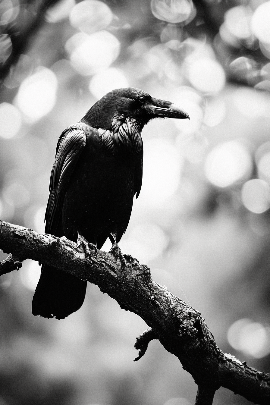 Black and white raven sitting on tree branch