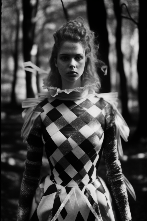 Woman in Harlequin Costume in Black and White