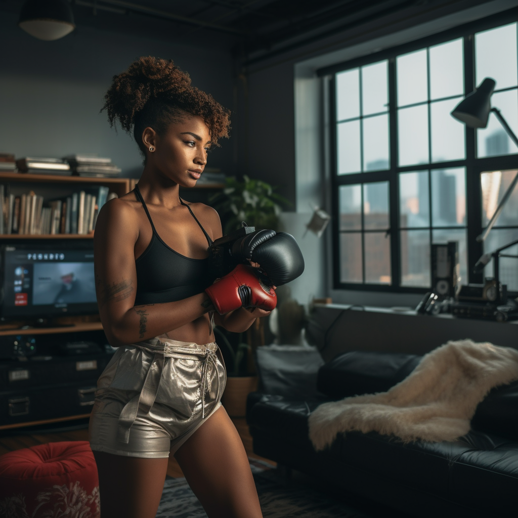 Black woman boxing customer orders in Brooklyn loft