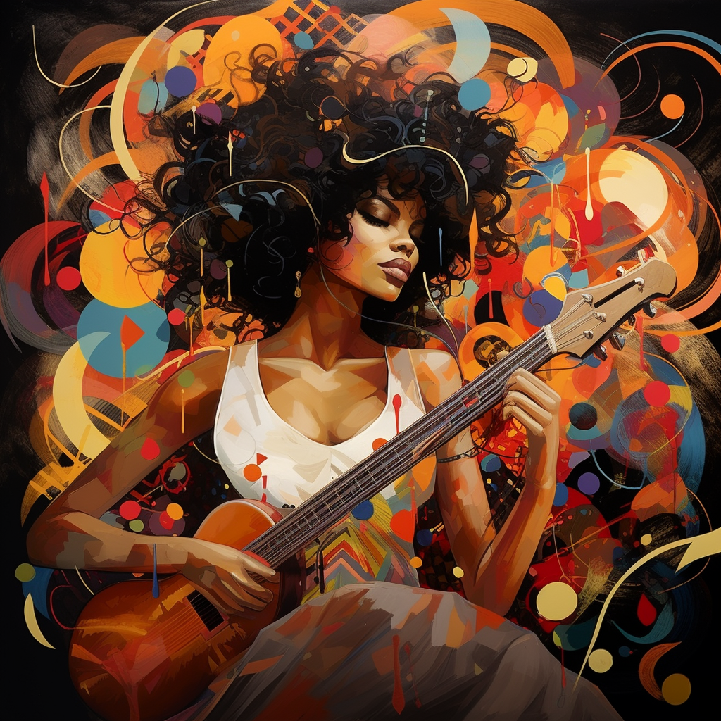 Black woman singing passionately with musical instruments