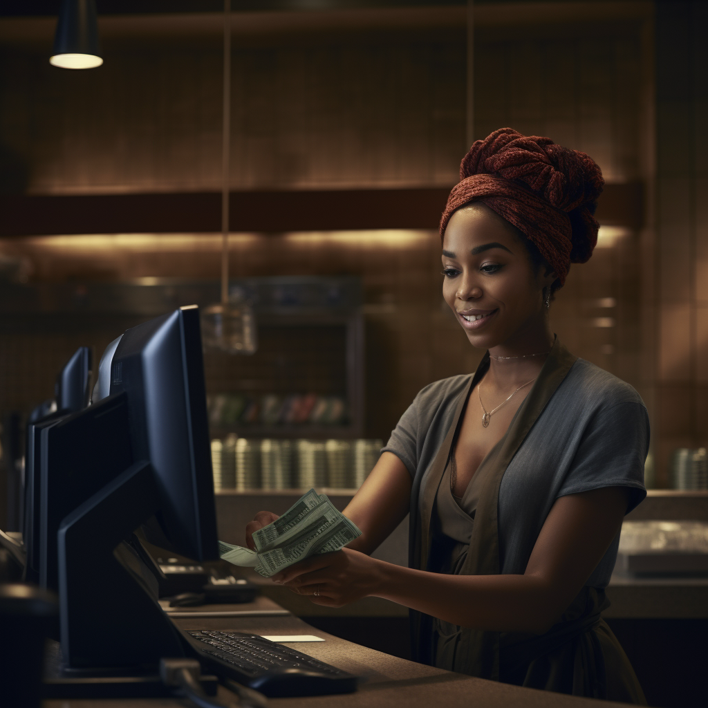 Black woman counting money at spa register