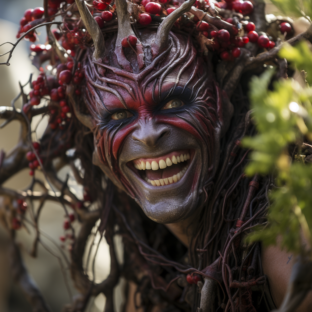 Faerie King hiding in bush with threatening smile