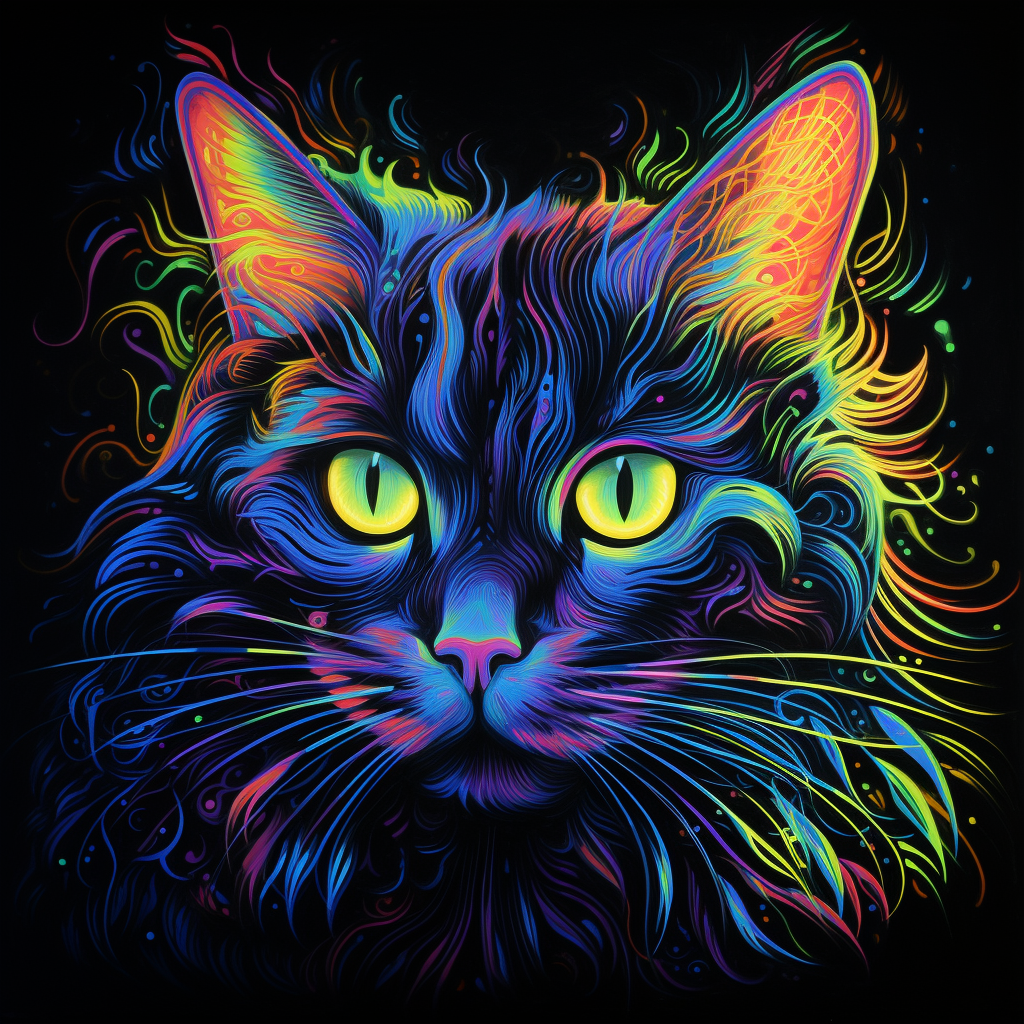 Vibrant blacklight cat artwork