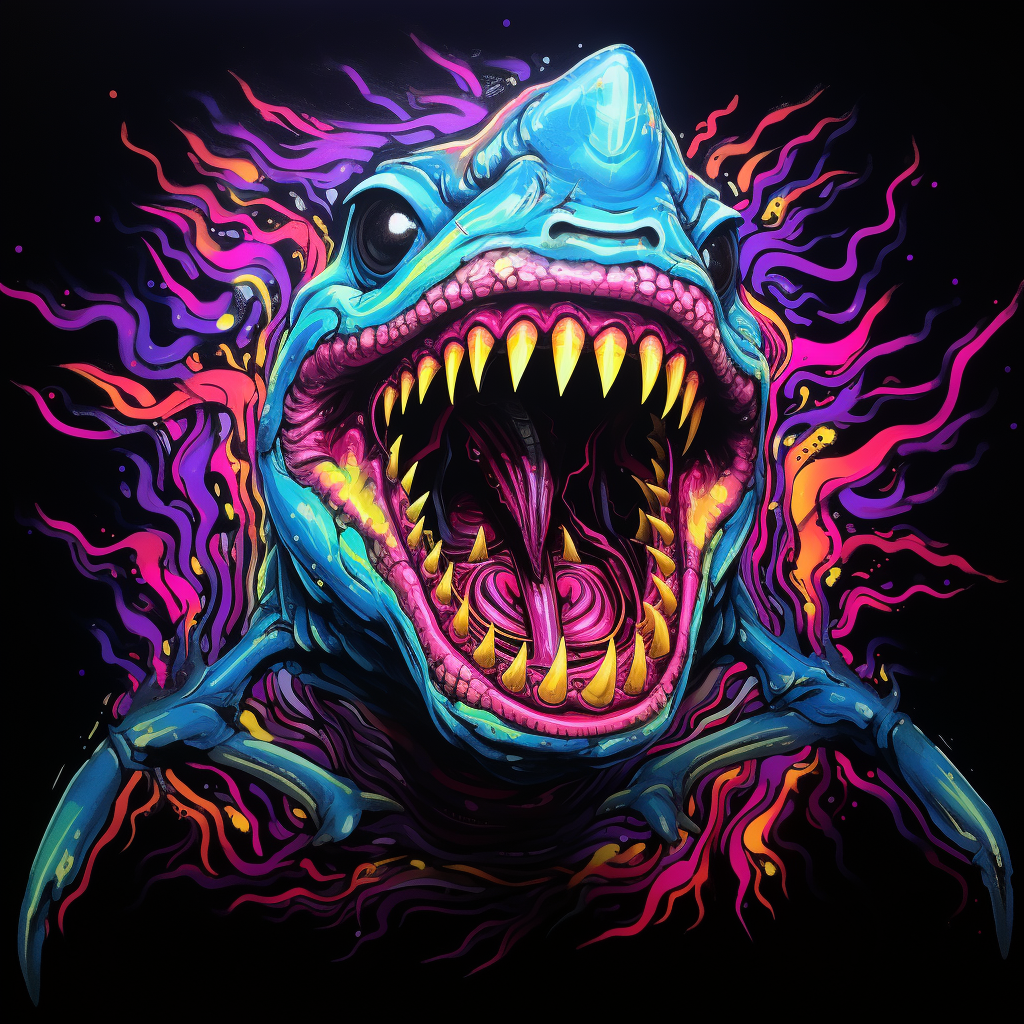 Shark with legs and hands in blacklight painting