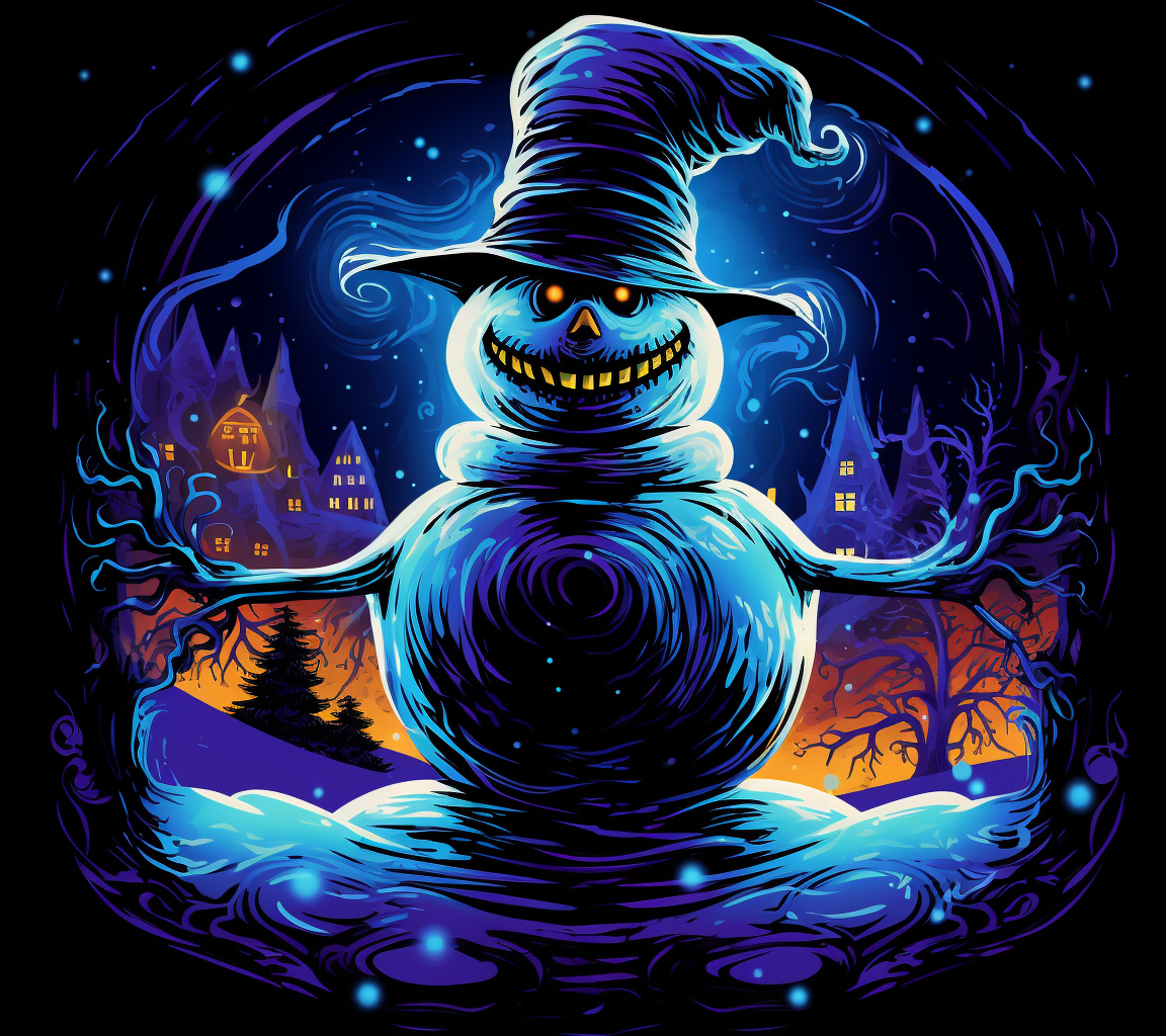 Colorful blacklight snowman in winter scene