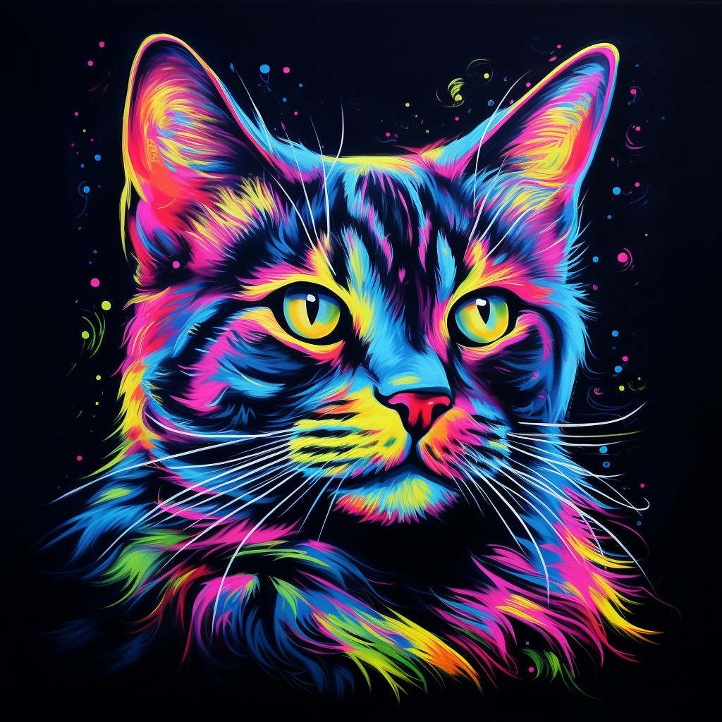 Glowing blacklight painting of a cat