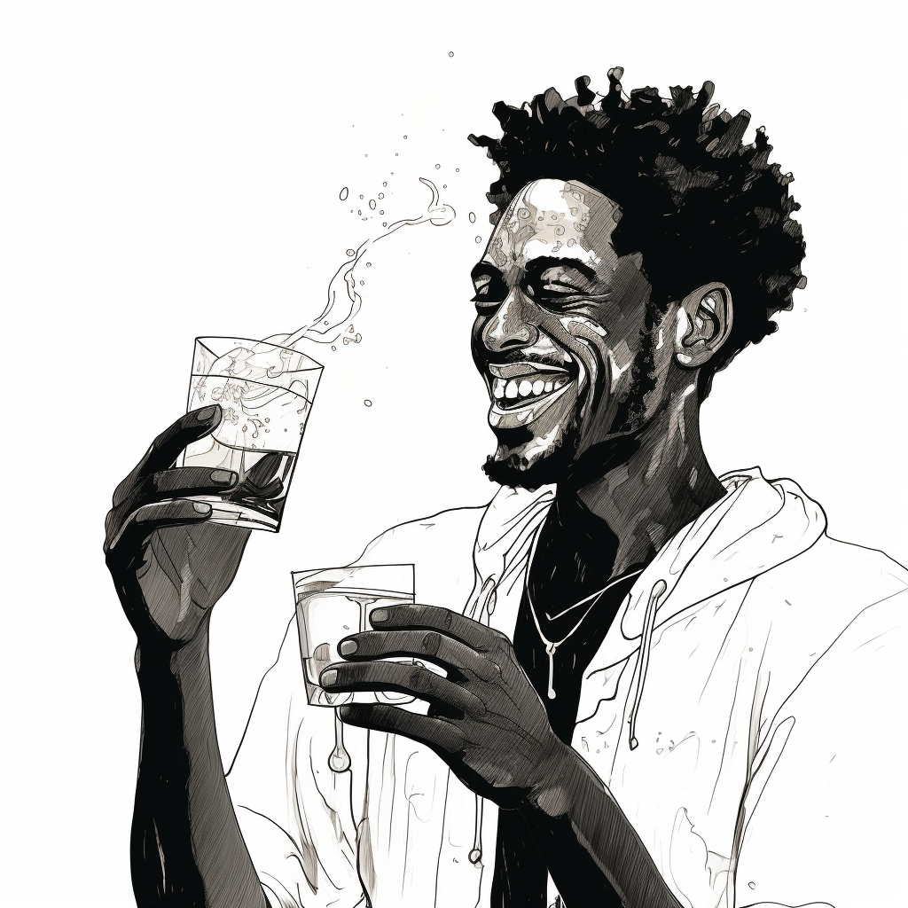 Laughing Black Man with Butterfly Wings and Glass of Water