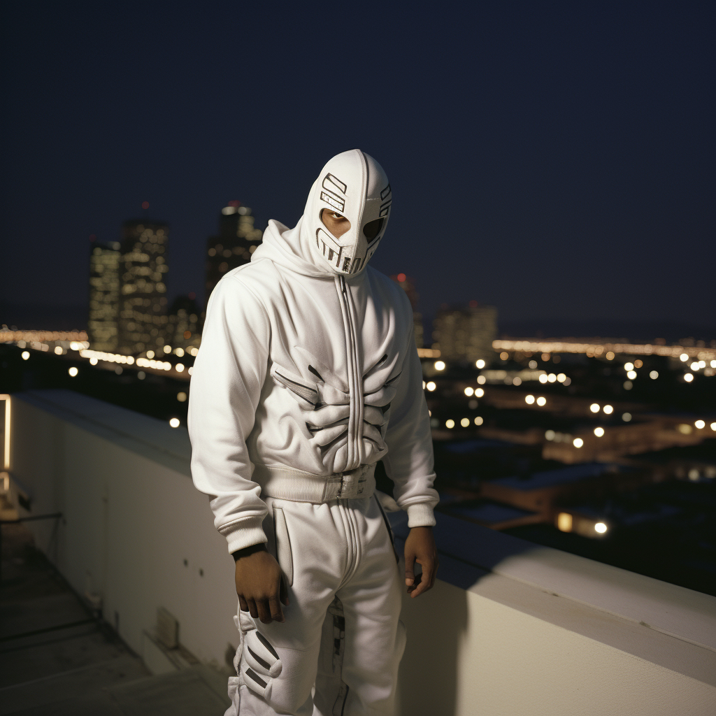 Black man wearing Japanese warrior mask on rooftop