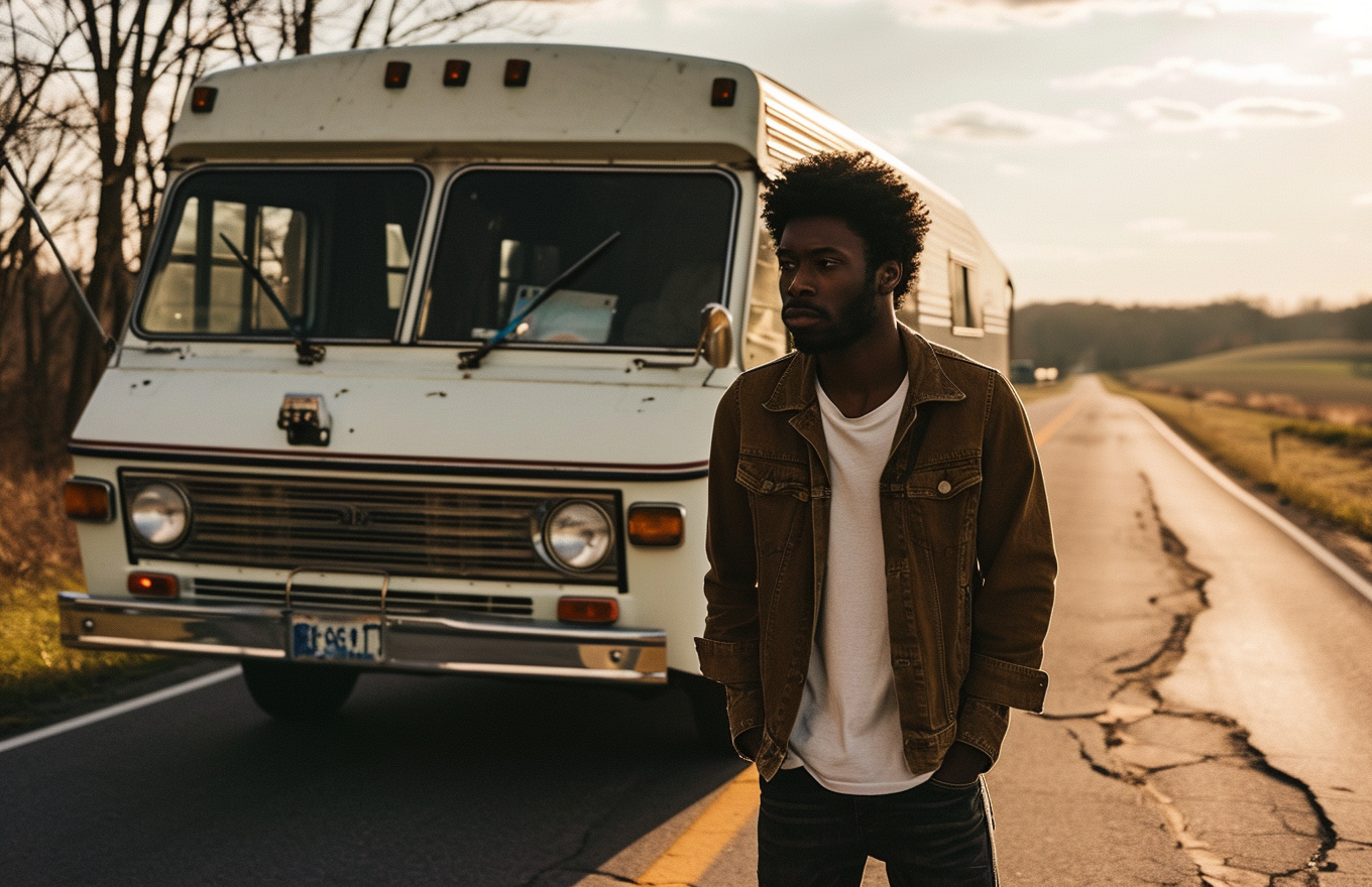 Young Black Man Standing in Front of 1970s RV