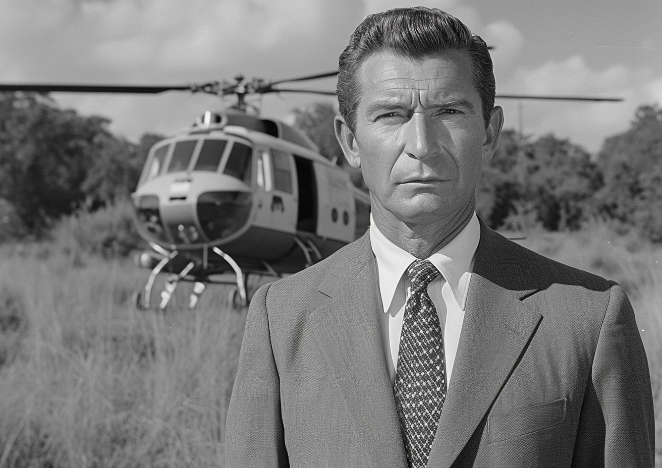 Black and white TV show with Marlin Perkins and helicopter