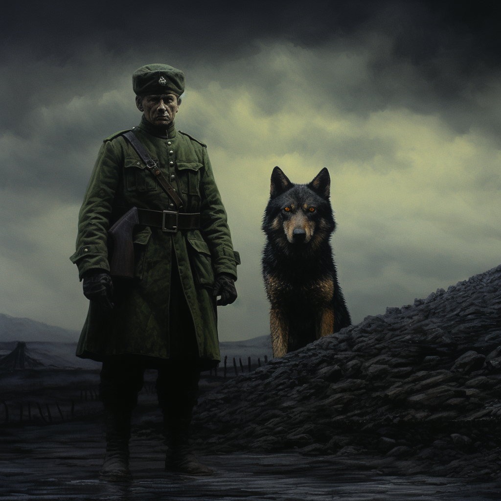 Glowing eyed black wolf overlooking a World War One soldier