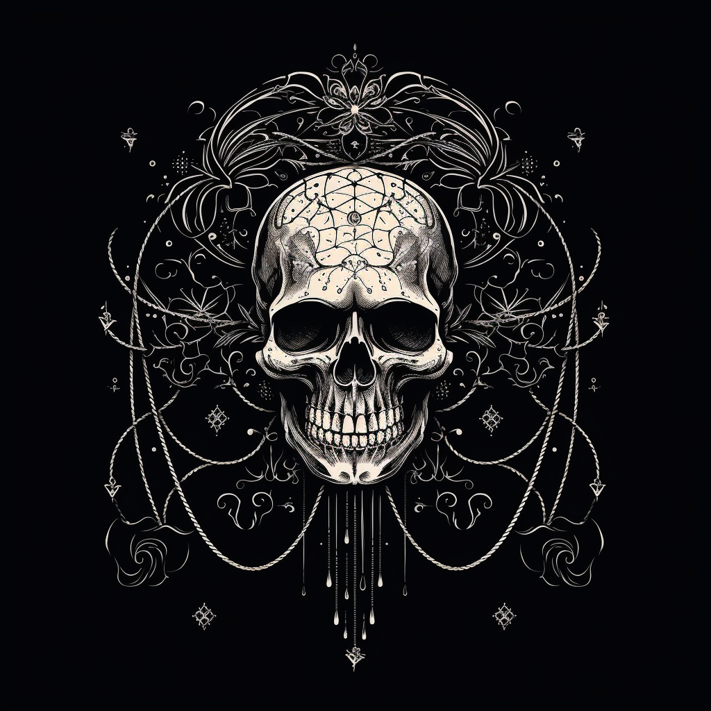 Artistic blackwork-style floating skull with voodoo ornaments and glow