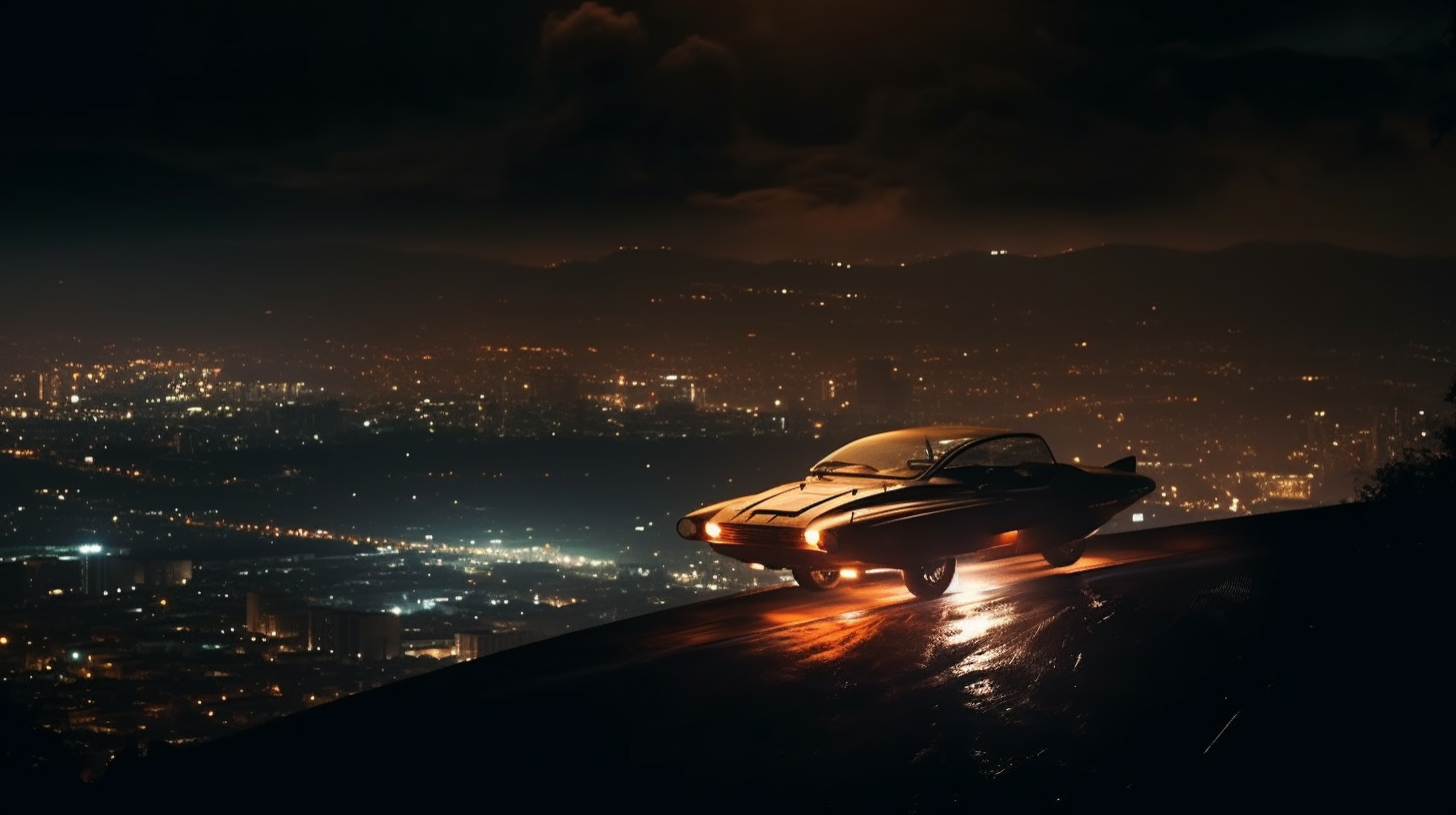 Flying car over Los Angeles at night