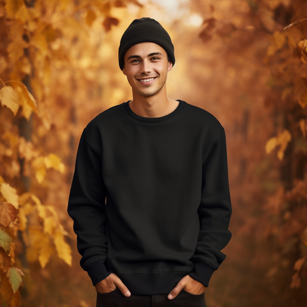 Young man wearing blank black crewneck sweatshirt