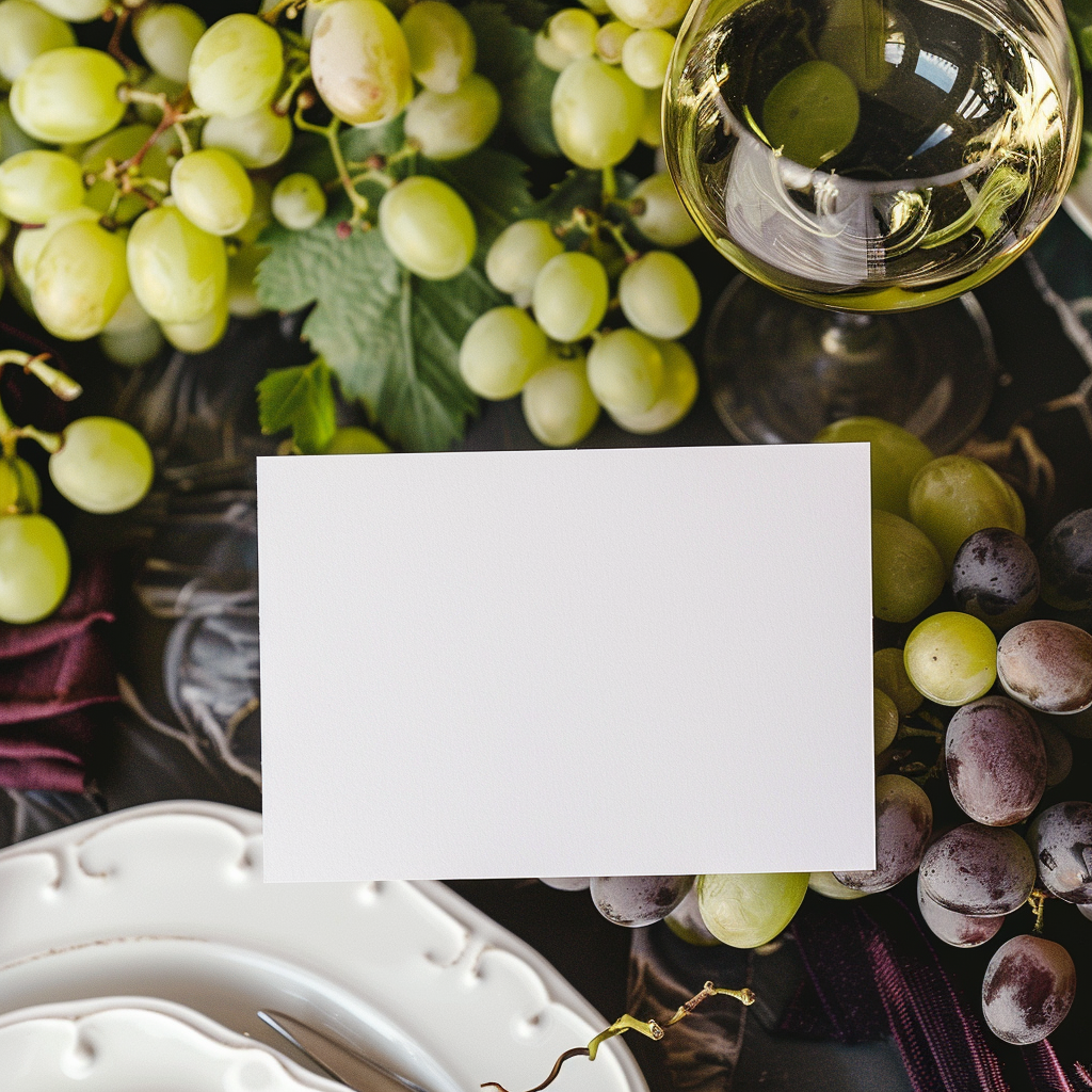 Empty card on grapes and wine